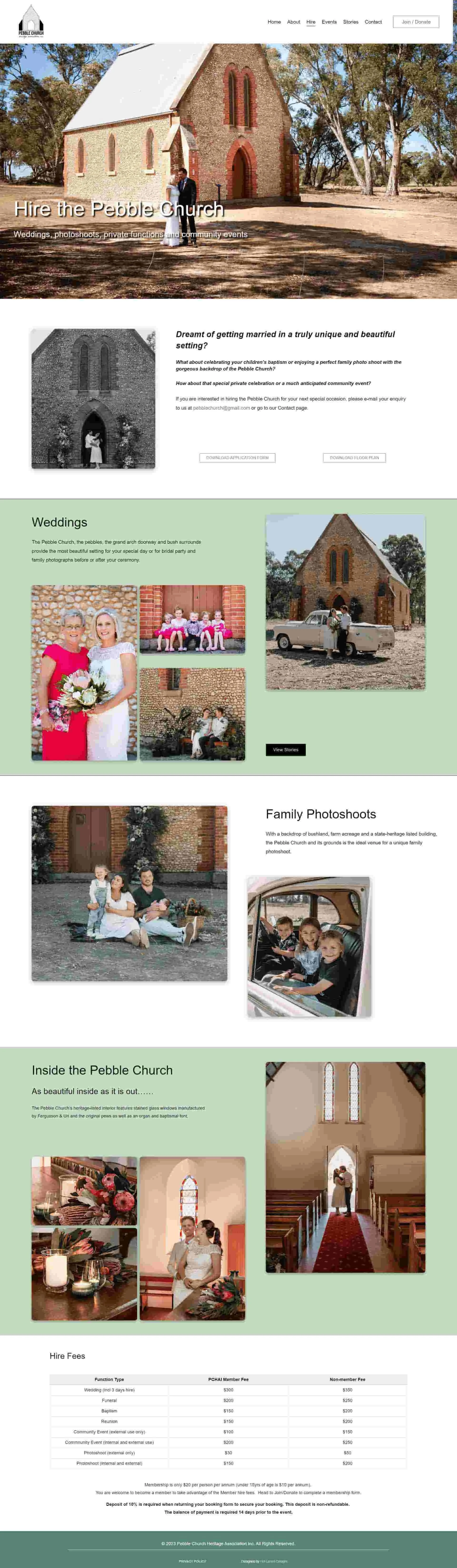 full page screenshot of hire page for pebble church website showcasing section display feature of Squarespace website