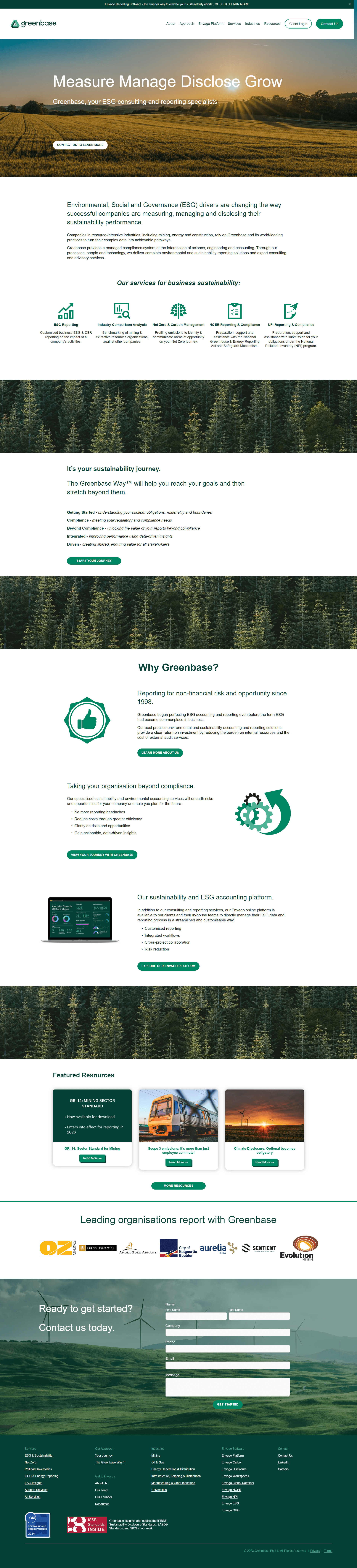 Greenbase sustainability website homepage with environmental imagery and green brand accents