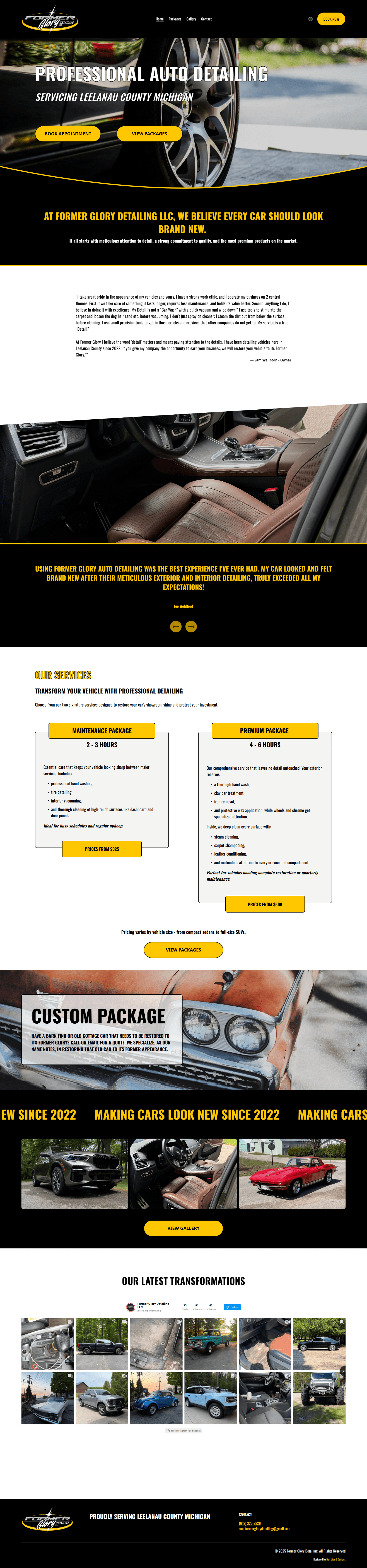 Screenshot of the Former Glory Detailing mobile auto detailing website with Instagram feed and online booking, Squarespace web design by Hot Lizard Designs, Perth.