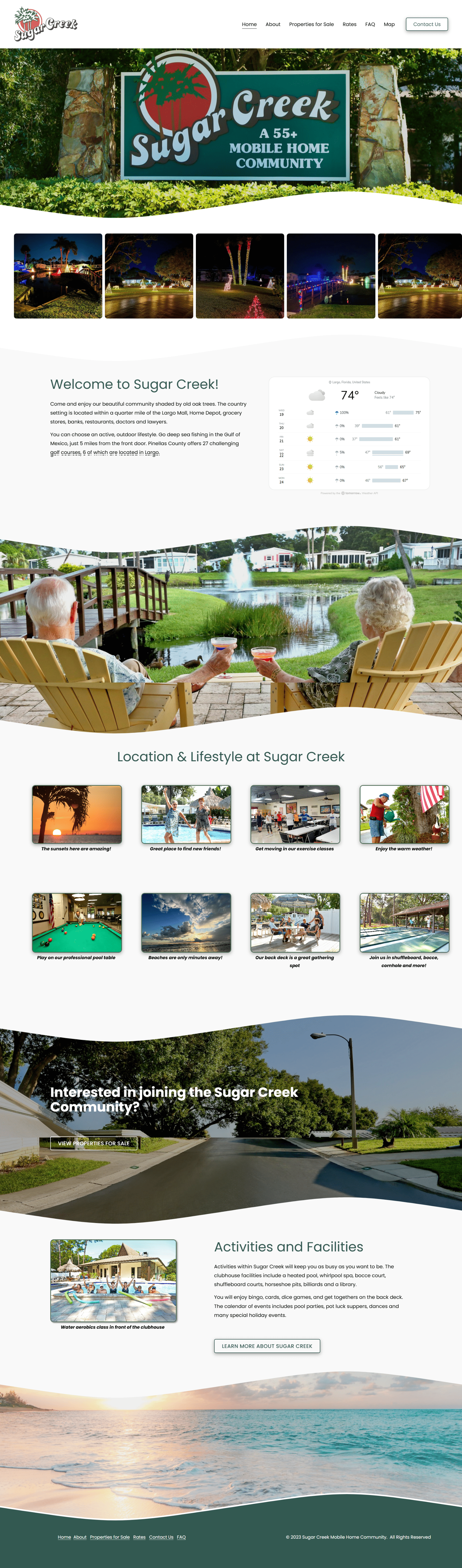 Screenshot of the Sugar Creek Community private mobile home estate and leisure facilities website in Florida, Squarespace website redesign by Perth-based designer Hot Lizard Designs