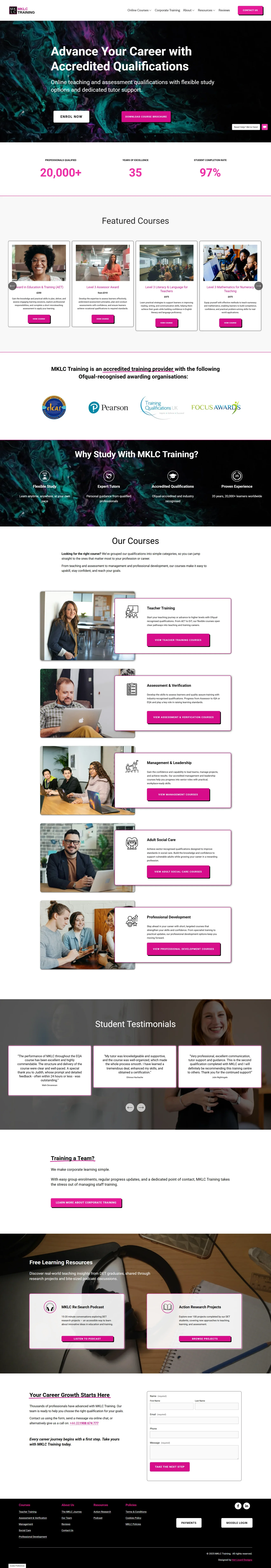 Screenshot of the MKLC Training online teacher training and accredited qualifications website, Squarespace website redesign by Perth Squarespace specialist Hot Lizard Designs.