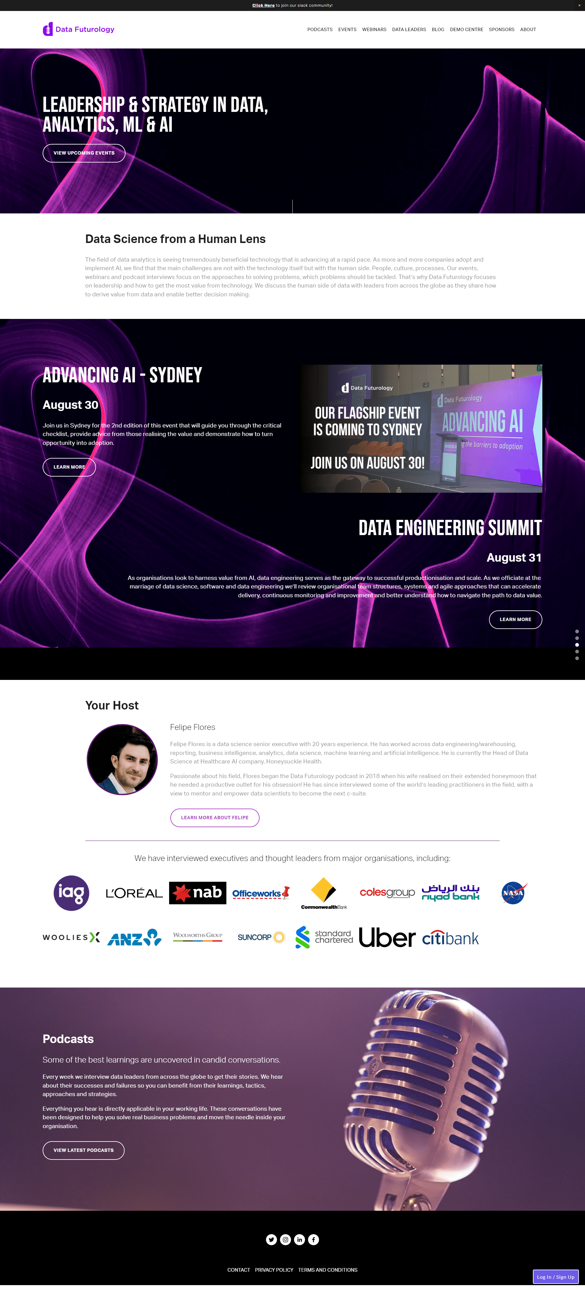 Screenshot of the Data Futurology AI and data analytics podcast platform website, Squarespace website redesign by Perth-based designer Hot Lizard Designs.