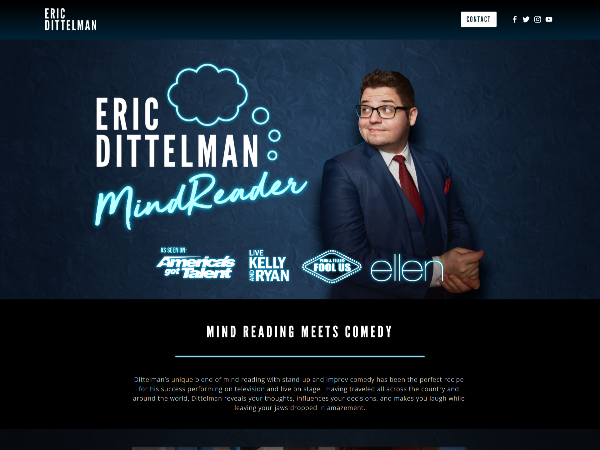 After screenshot of Squarespace homepage for Eric Dittelman MindReader, featuring a man in a suit with glasses, neon text, and logos for America’s Got Talent, Kelly and Ryan, and Ellen, with a blue textured background.