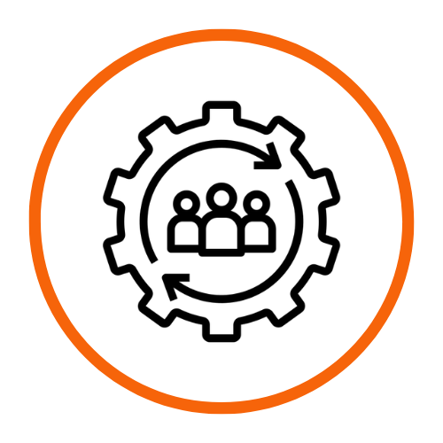 black outline icon of people within cogwheel surrounded by orange circle