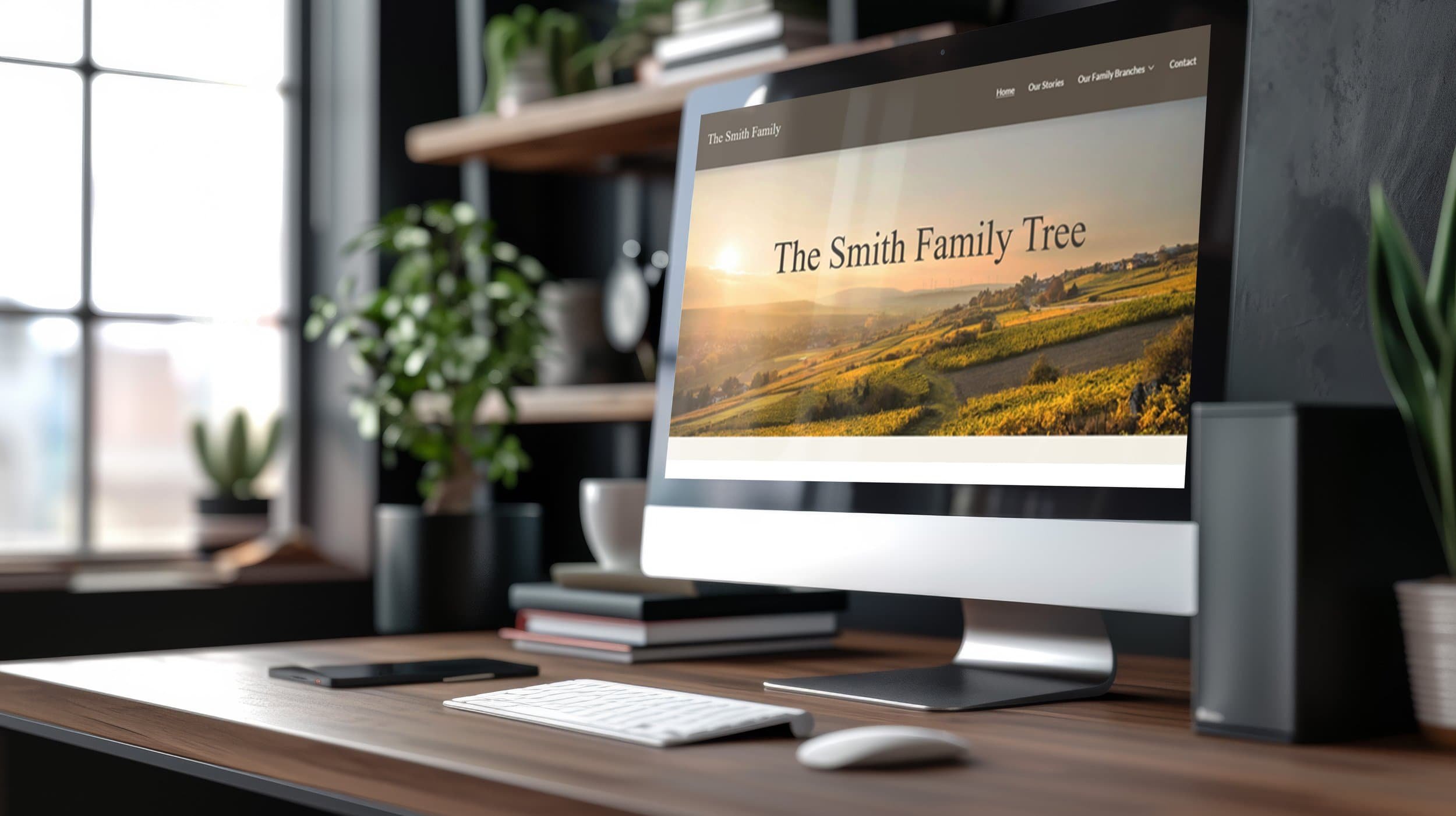 image of computer monitor on wooden desk with window and plants in background. On monitor screen is The Smith Family website homepage