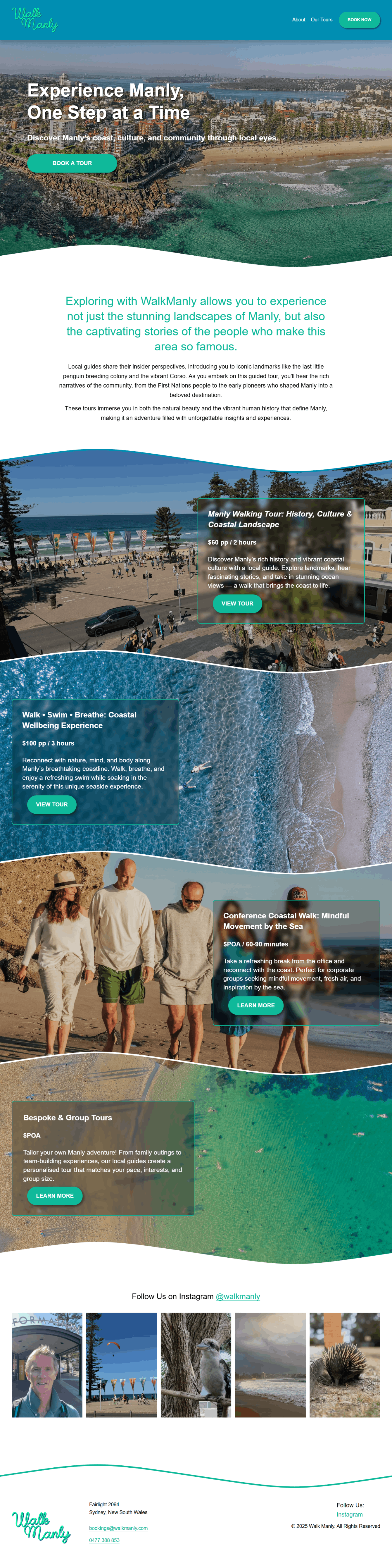 A Squarespace website homepage for WalkManly promoting coastal tours and experiences in Manly, featuring scenic ocean views, people walking on the beach, and various tour options like history tours, coastal walks, and wellbeing experiences.