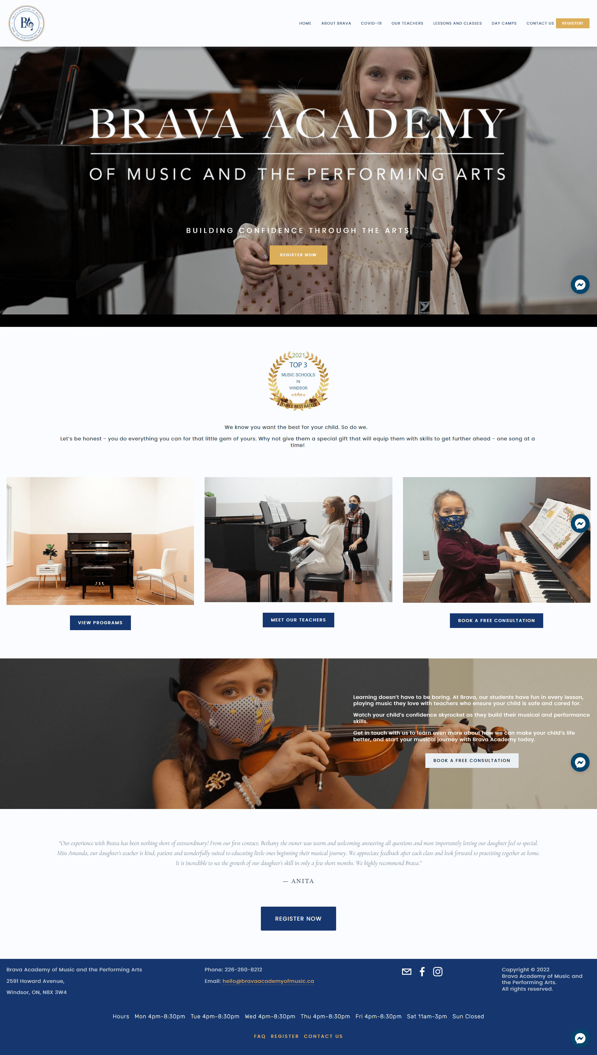 Screenshot of the Brava Academy of Music website for an award-winning Canadian music school offering piano, guitar and violin lessons, designed by Hot Lizard Designs.