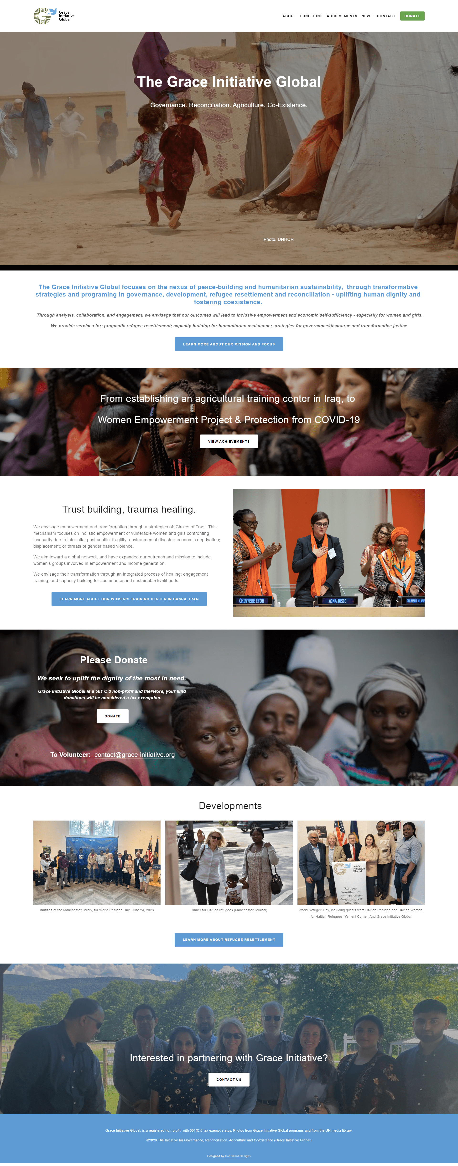 Screenshot of the Grace Initiative Global non-profit website for sustainable community development, Squarespace website redesign by Perth-based designer Hot Lizard Designs.