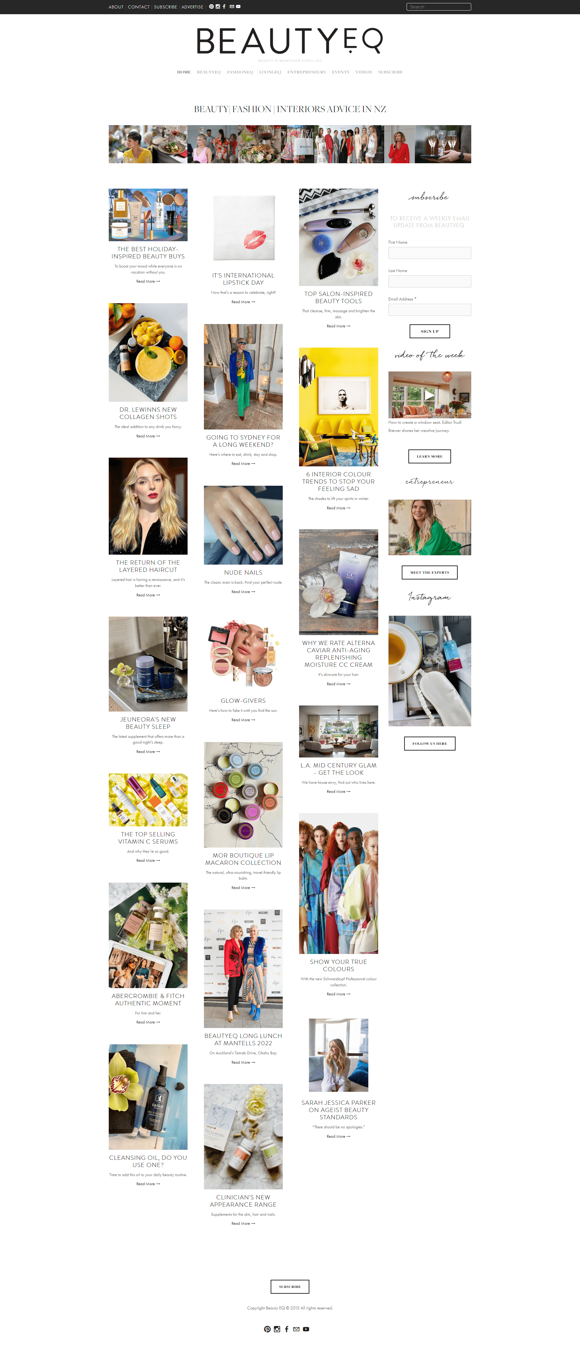 Screenshot of the BeautyEQ New Zealand beauty, fashion and lifestyle media website, custom Squarespace website built by Perth designer Hot Lizard Designs.