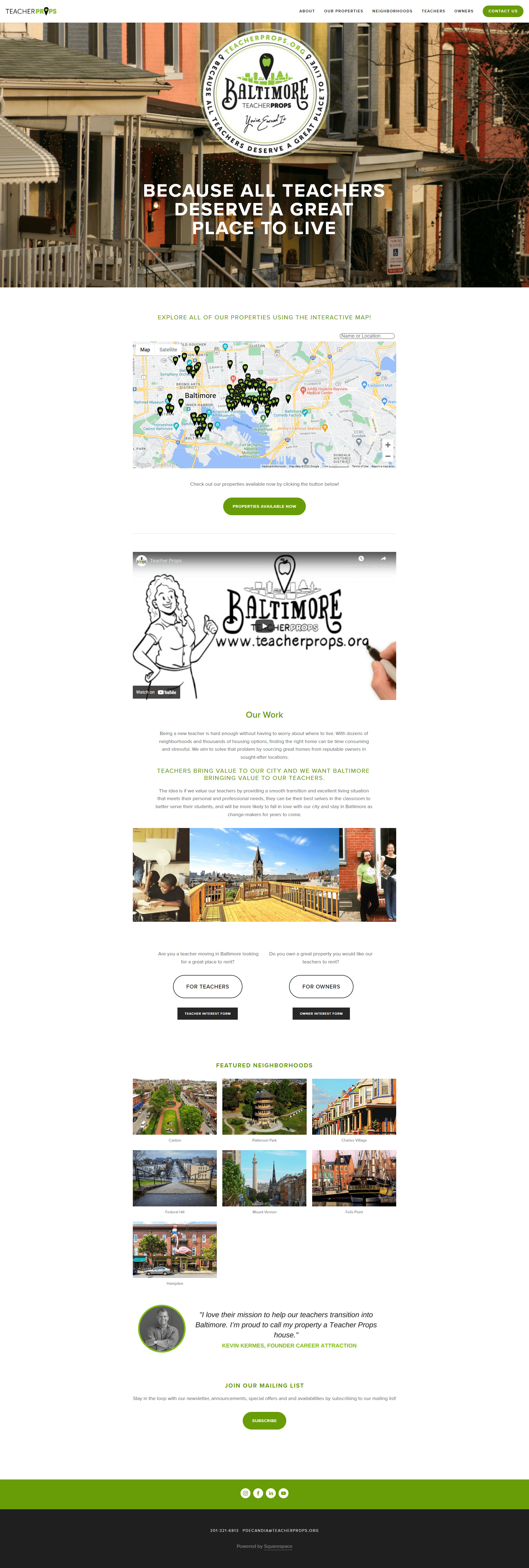 Screenshot of the Teacher Props non-profit rental property website for Baltimore teachers, Squarespace website design by Perth designer Hot Lizard Designs.