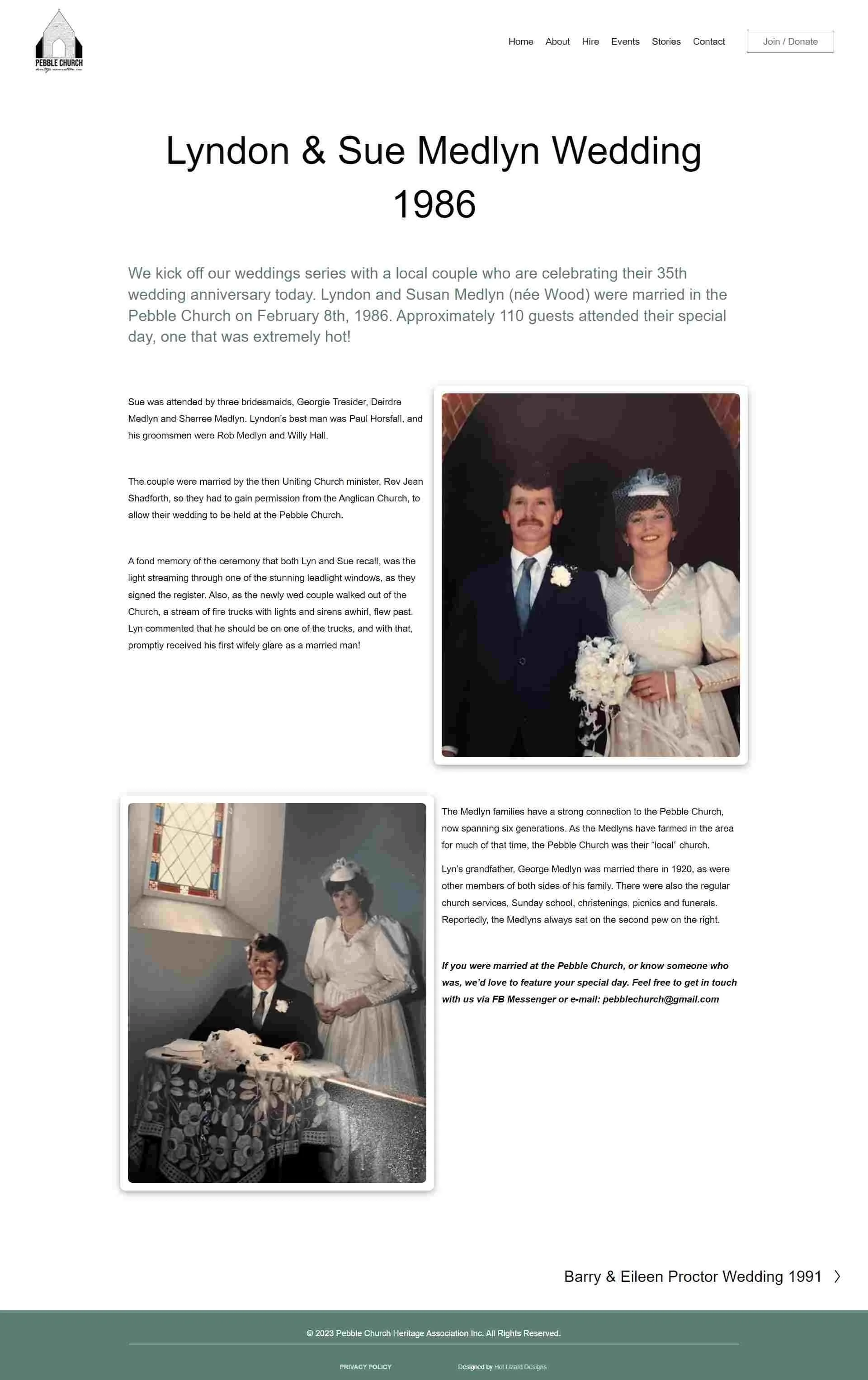 wedding stories example page screen capture for pebble church website