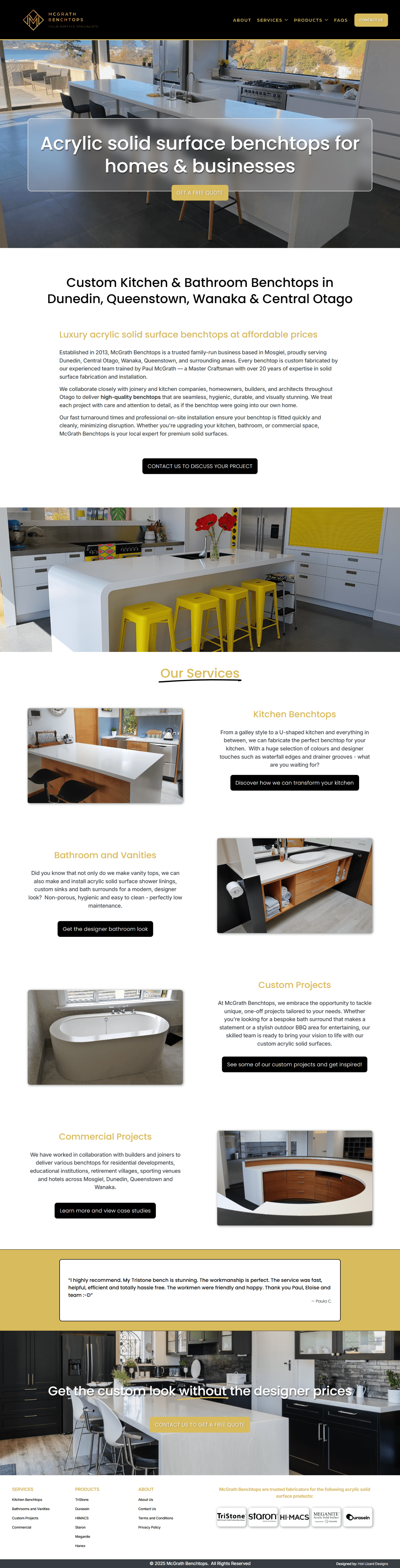Screenshot of the McGrath Benchtops acrylic solid surface specialist website in New Zealand, Squarespace website design by Hot Lizard Designs, Perth.