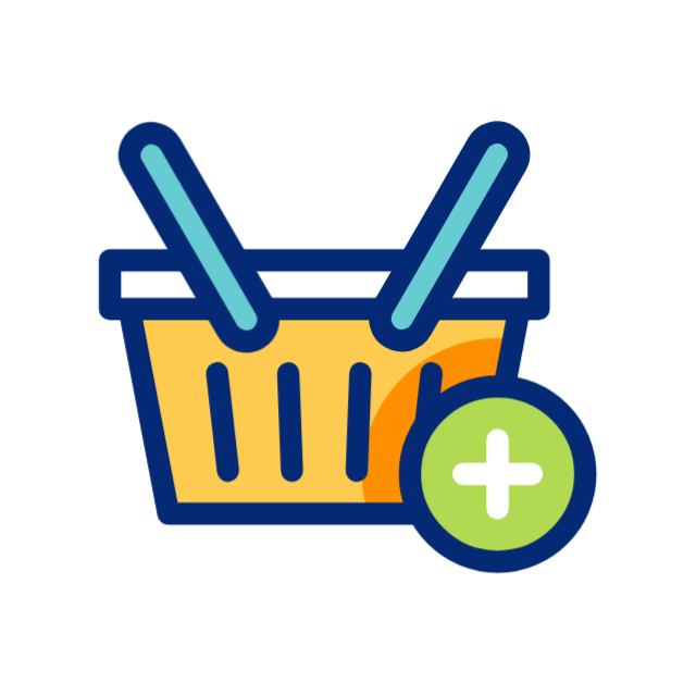 Shopping basket icon with a green plus sign indicates adding or increasing items.