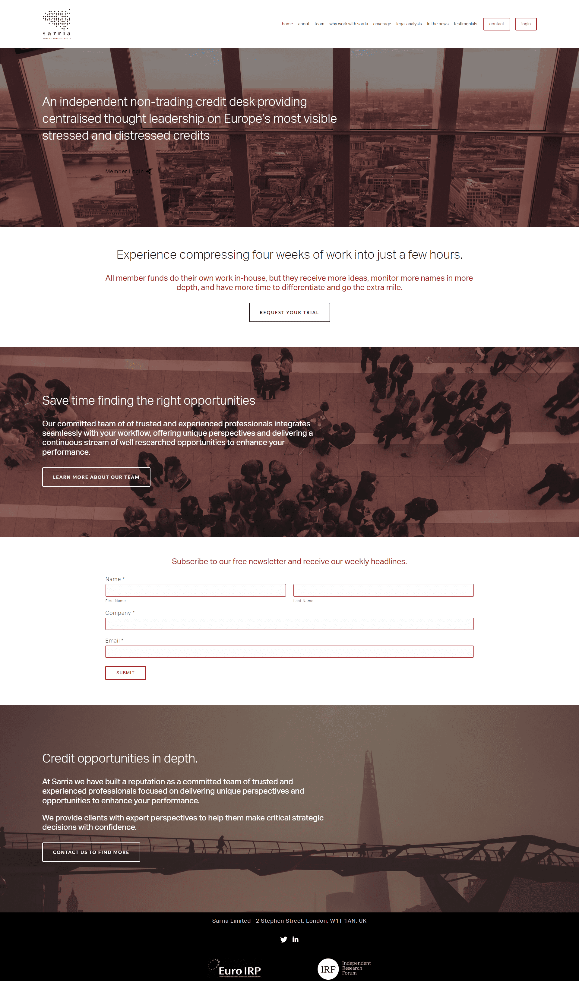 Sarria UK investment research homepage using London photography with red branded overlays