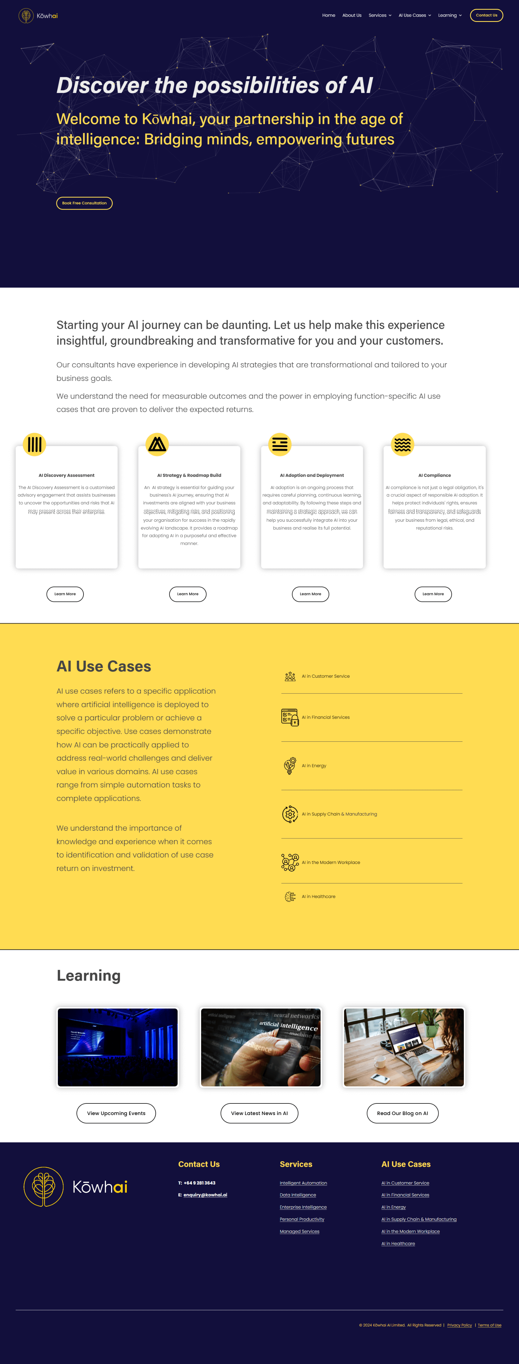 Screenshot of the Kowhai AI and machine learning consultancy website, custom Squarespace website built by Perth designer Hot Lizard Designs.