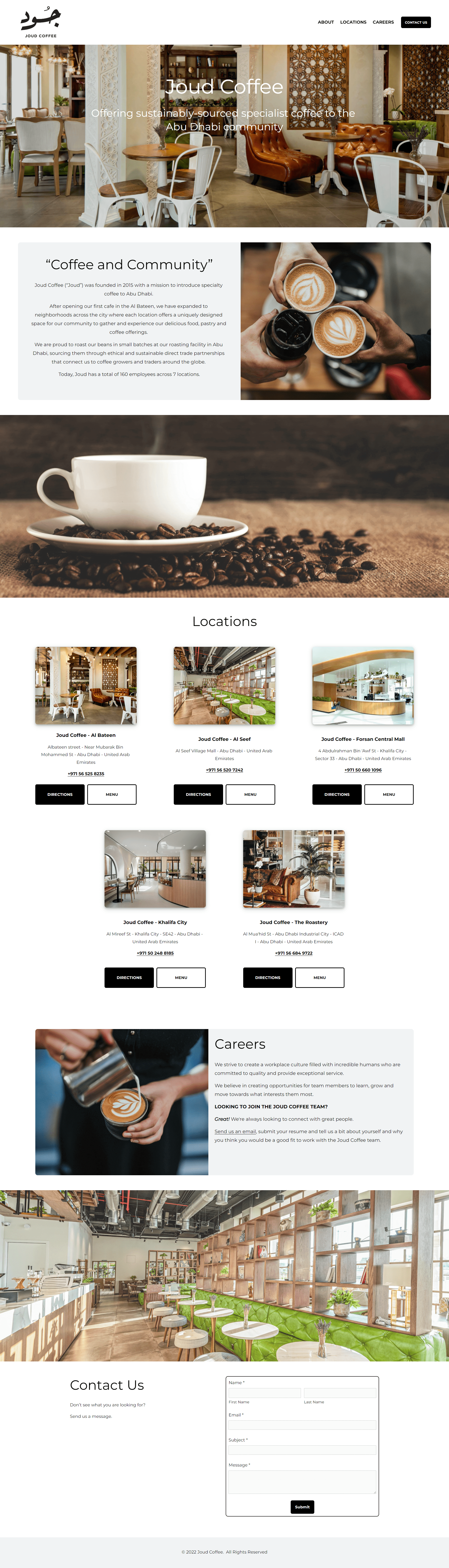 Screenshot of the Joud Coffee specialist cafe website based in Abu Dhabi, Squarespace web design by Hot Lizard Designs, Perth.