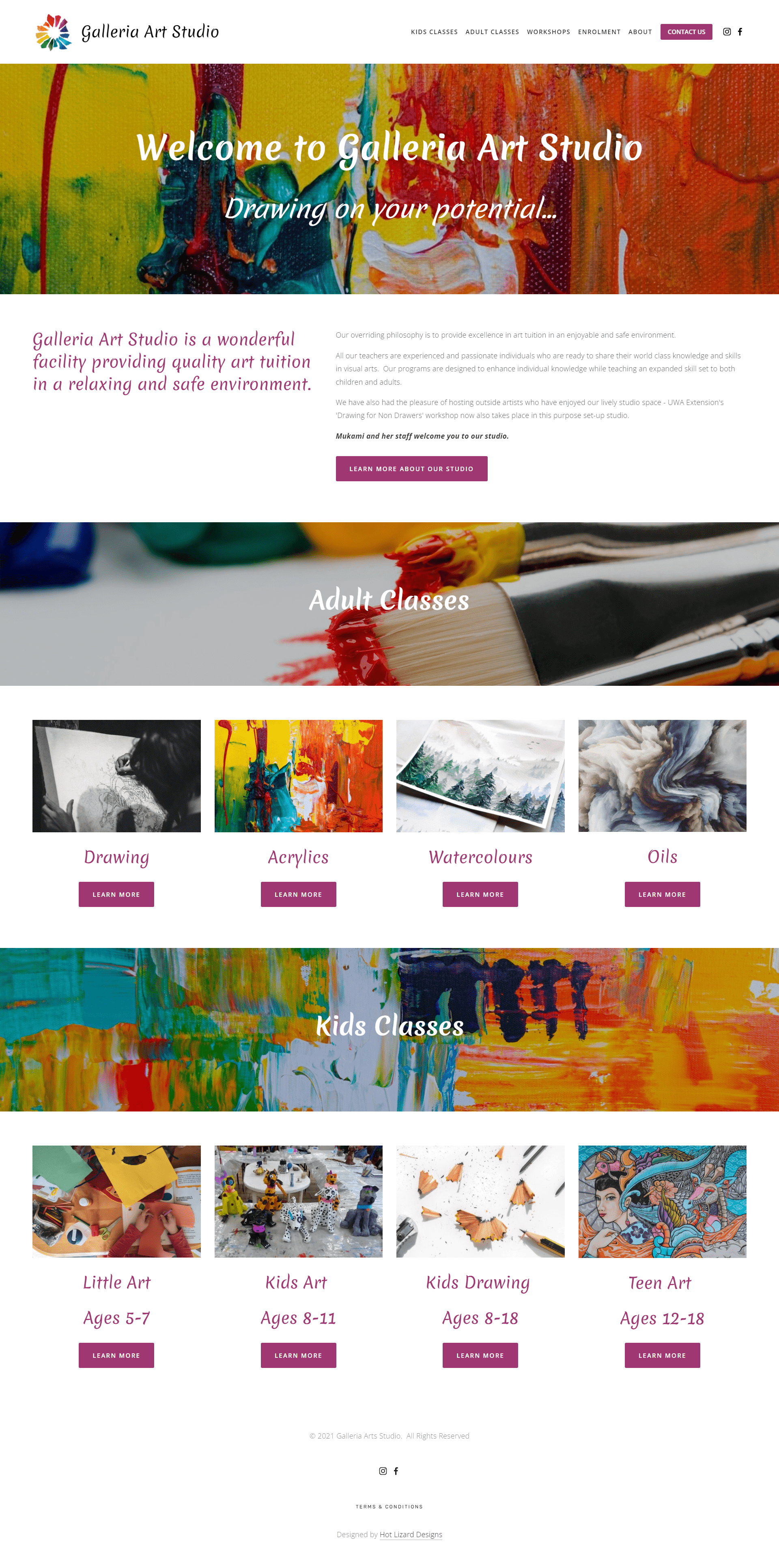 Screenshot of the Galleria Art Studio website for mixed medium art classes and workshops in Perth, designed by Perth Squarespace designer Hot Lizard Designs.