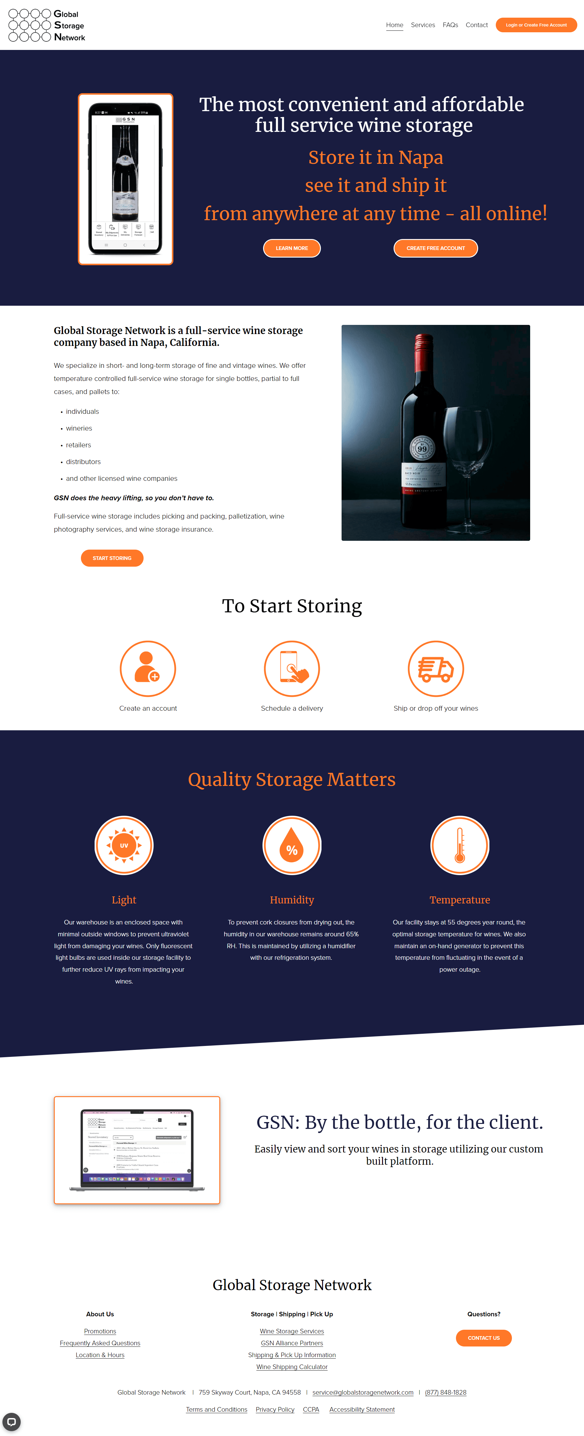Screenshot of the Global Storage Network full-service wine storage facility website in Napa California, custom Squarespace website built by Perth designer Hot Lizard Designs.