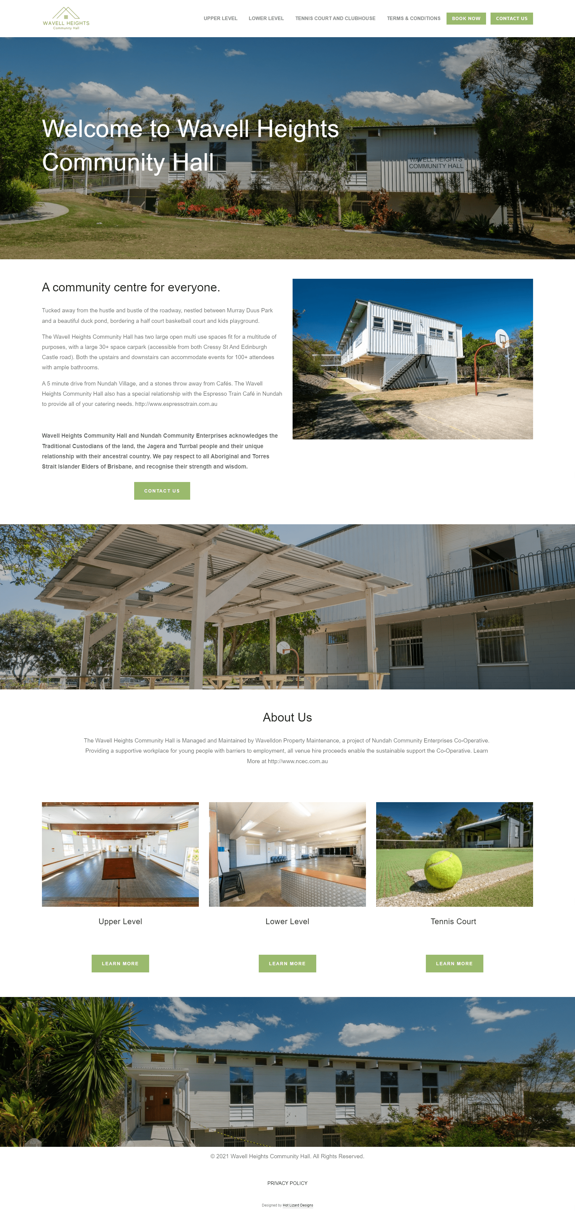 Screenshot of the Wavell Heights Community Hall website with online booking and payment integration, Squarespace website design by Hot Lizard Designs, Perth.