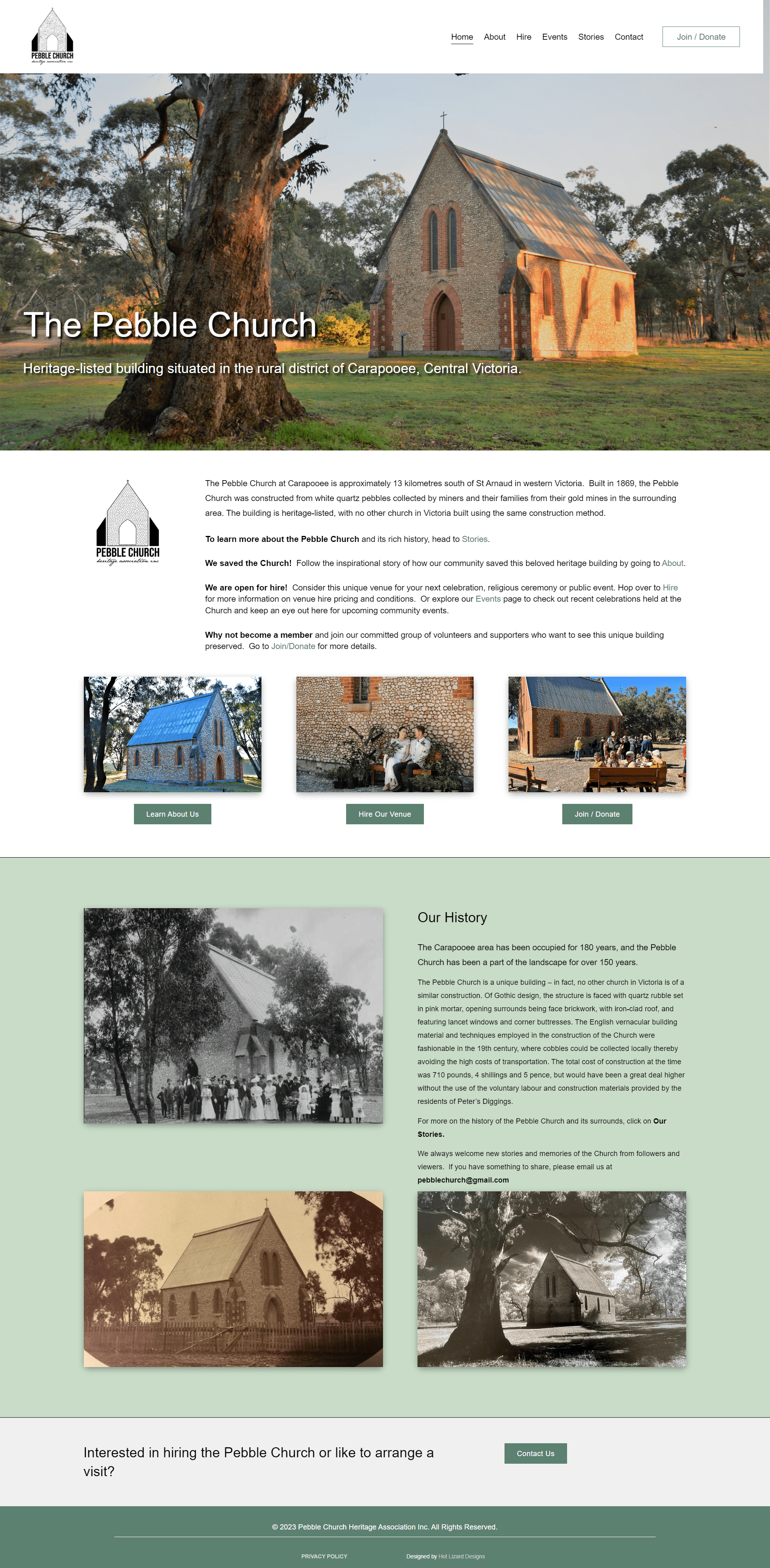 Screenshot of the Pebble Church Heritage Association member website for a heritage-listed building in Victoria, custom Squarespace website built by Perth designer Hot Lizard Designs.