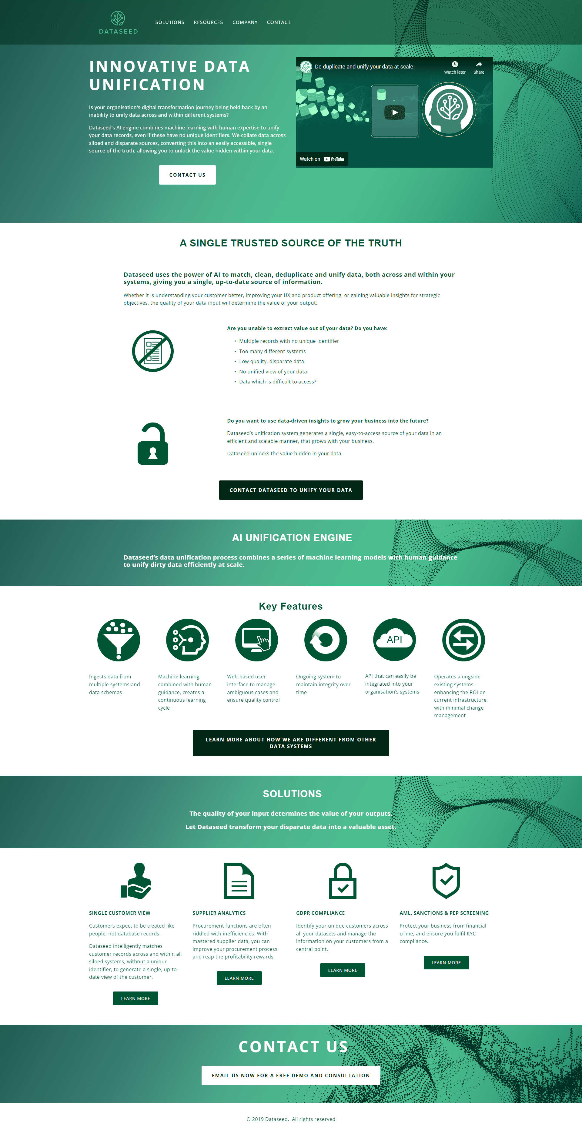 Screenshot of the Dataseed AI data unification and analytics software company website, designed by Hot Lizard Designs.