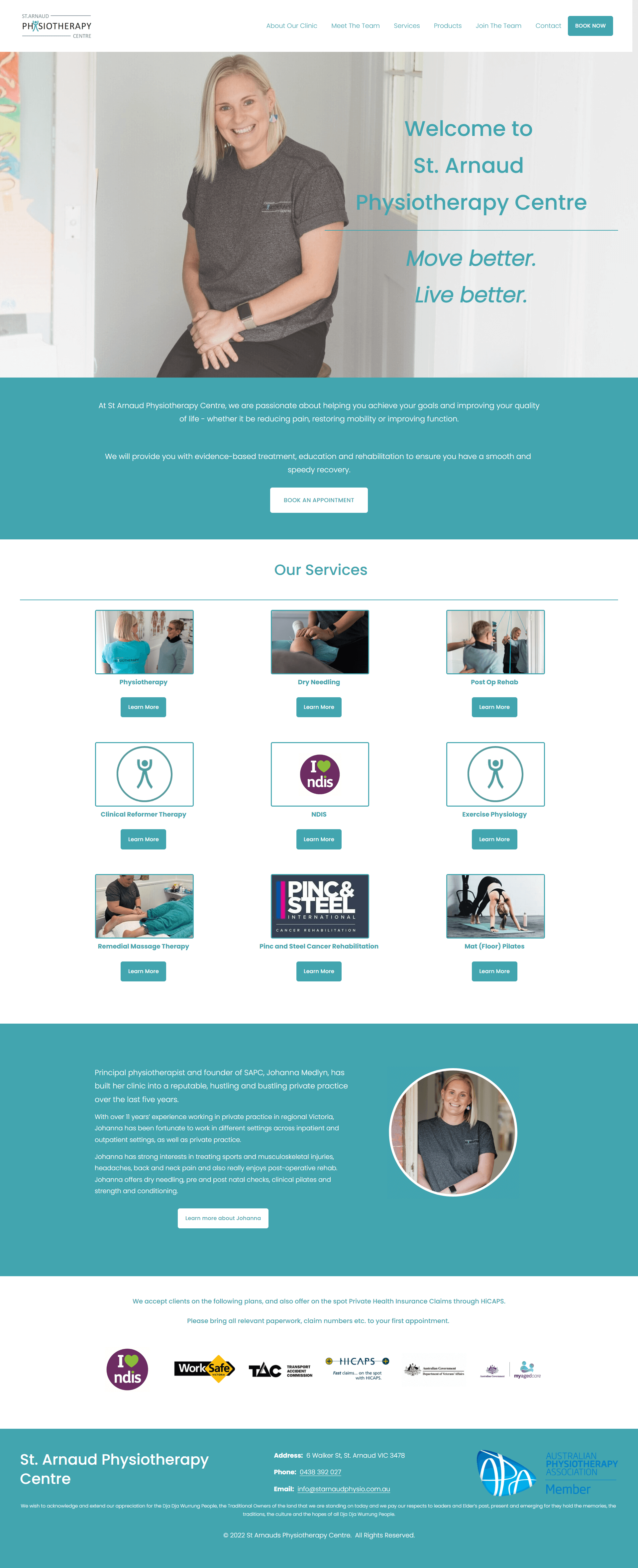 Screenshot of the St Arnauds Physiotherapy Centre website in Victoria, Squarespace web design by Hot Lizard Designs, Perth.