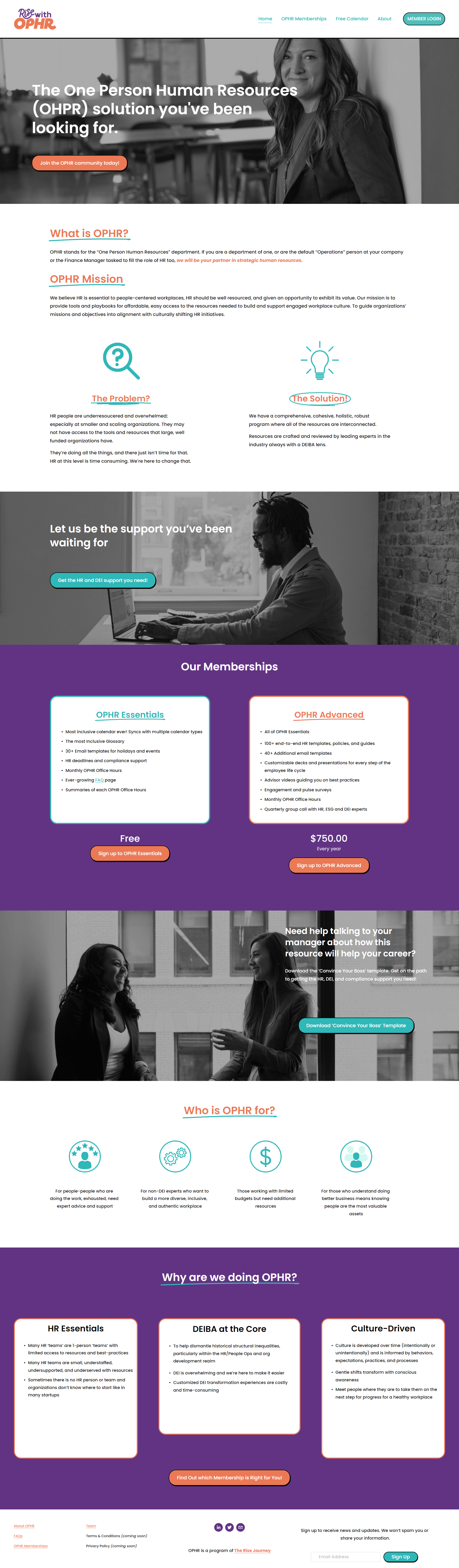 Screenshot of the homepage of Rise With OPHR HR and DEI membership platform website, Squarespace web design by Hot Lizard Designs, Perth.