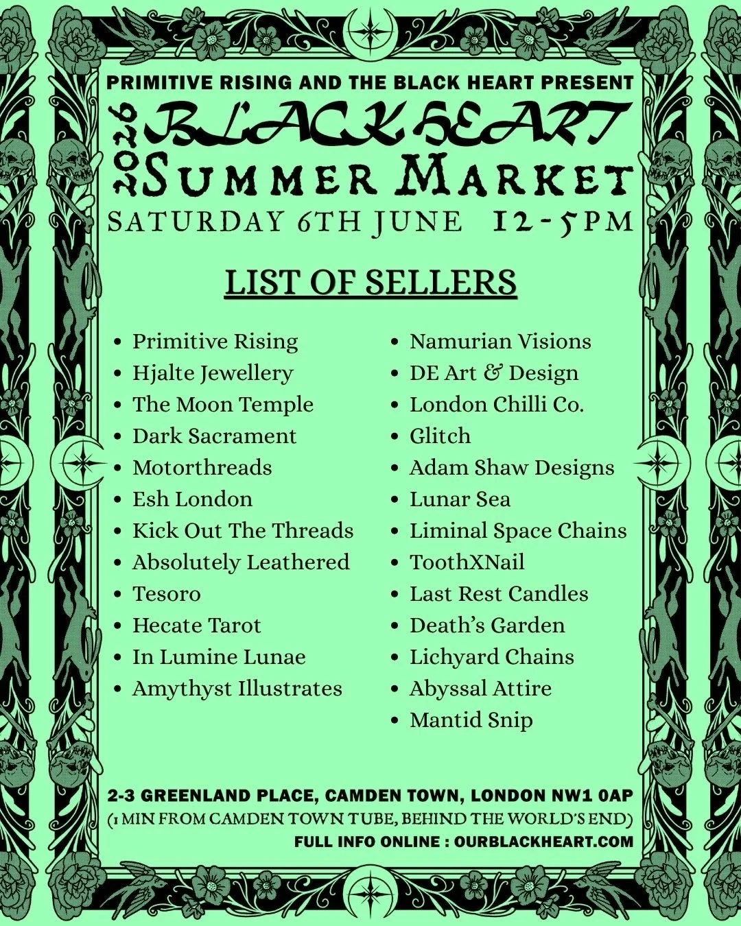 Here it is! The complete list of all the incredible, talented makers and sellers that will be at @ourblackheart this Saturday for our annual summer market! Plenty to look at, from jewellery to leather work to occult supplies and much more. 

Also @de