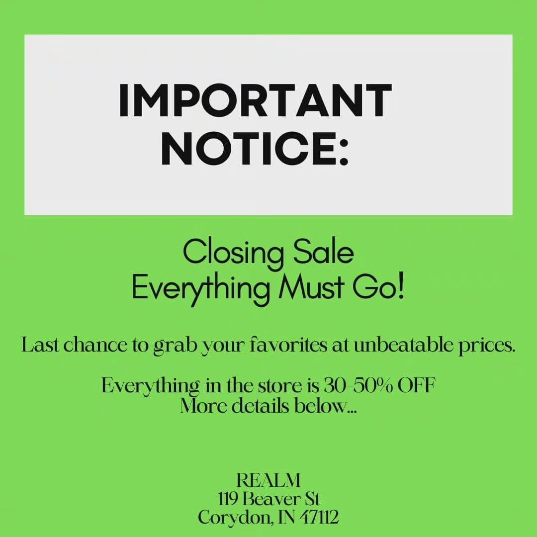 ‼️‼️‼️‼️ REALM IS CLOSING &amp; LIQUIDATING ALL STOCK ‼️‼️‼️

👽 Starting May 8th ALL STOCK will be 30-50% OFF. 
👽 All Stock is First-Come-First-Serve!
👽 CASH ONLY!!

If you've seen anything at Realm that you wanted, but passed up, COME GET IT befo