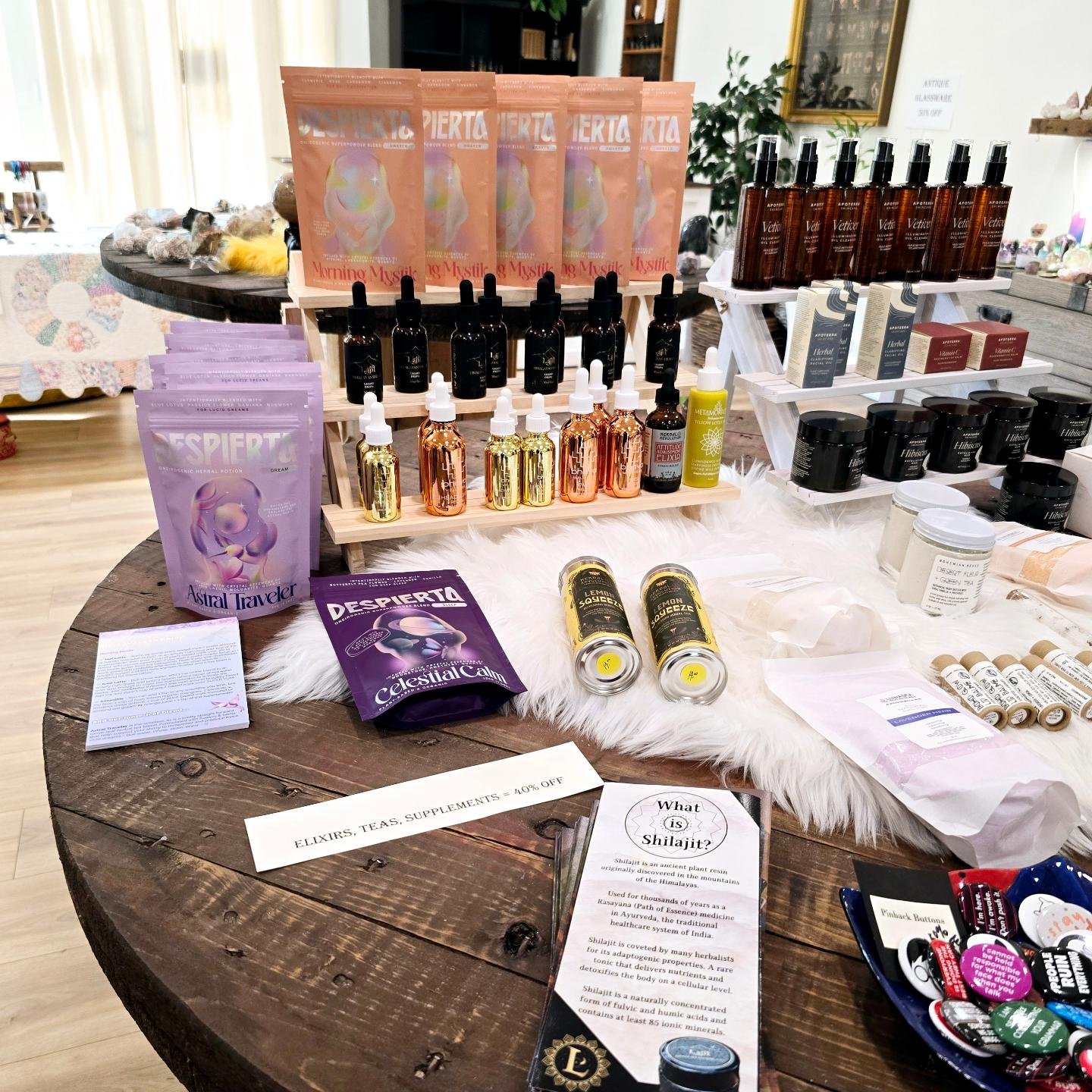This is the only table that hasn't been picked through yet! ⁣
⁣
I use these premium elixirs &amp; body care products every day.⁣
⁣
🤯 Everything 40% off 😳⁣
⁣
All Are....⁣
Organic⁣
Vegan⁣
USA &amp; Woman Owned⁣
Ethically Sourced⁣
The Shit!⁣
⁣
Open ti