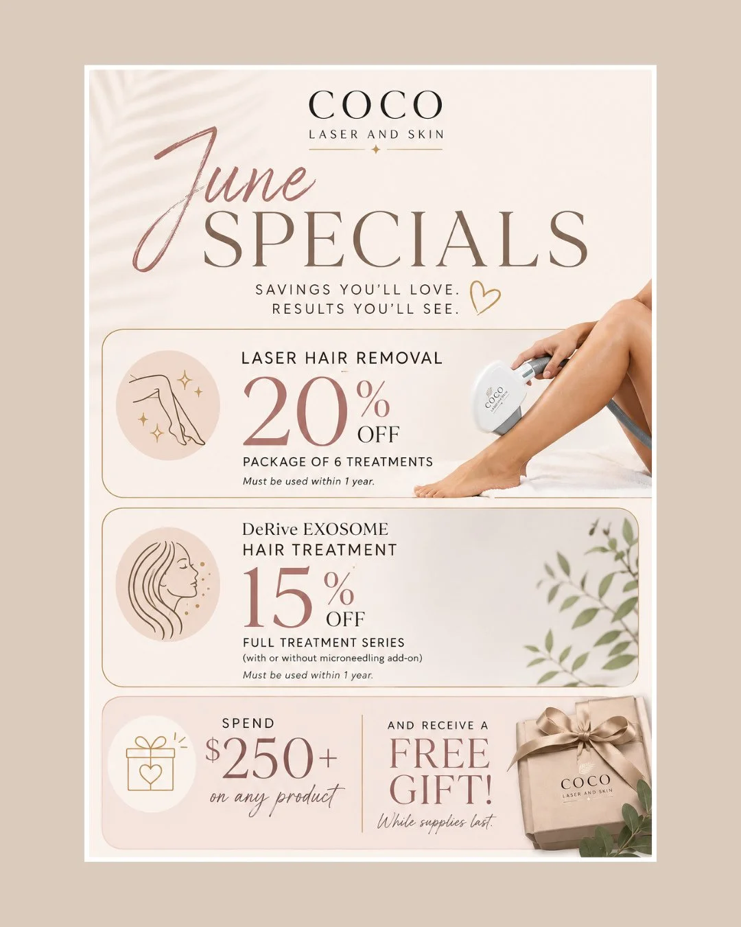 We don't run sales for the sake of sales. We run promos when it actually makes sense for your skin and your timing, and June is one of those windows.👯&zwj;♀️⁠
⁠
Here's what's on:⁠
⁠
✨ 20% off Laser Hair Removal &middot; package of 6 (use within 1 ye