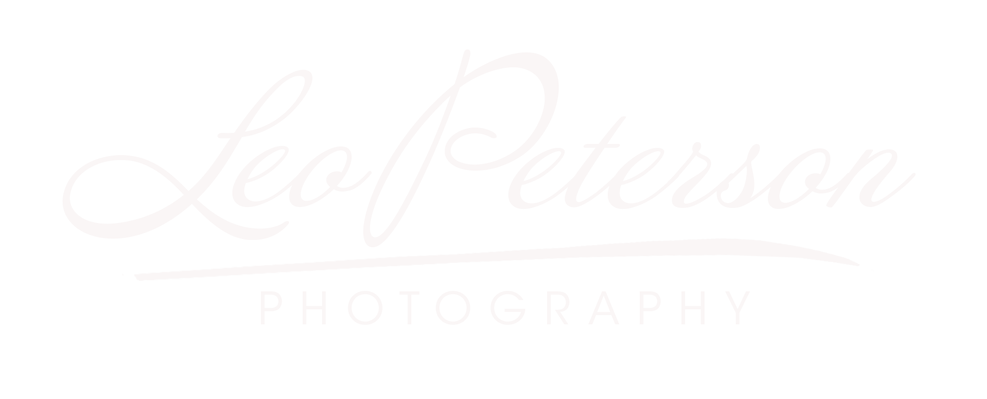 Logo for Leo Peterson Photography in white cursive and capitalized letters on a black background.