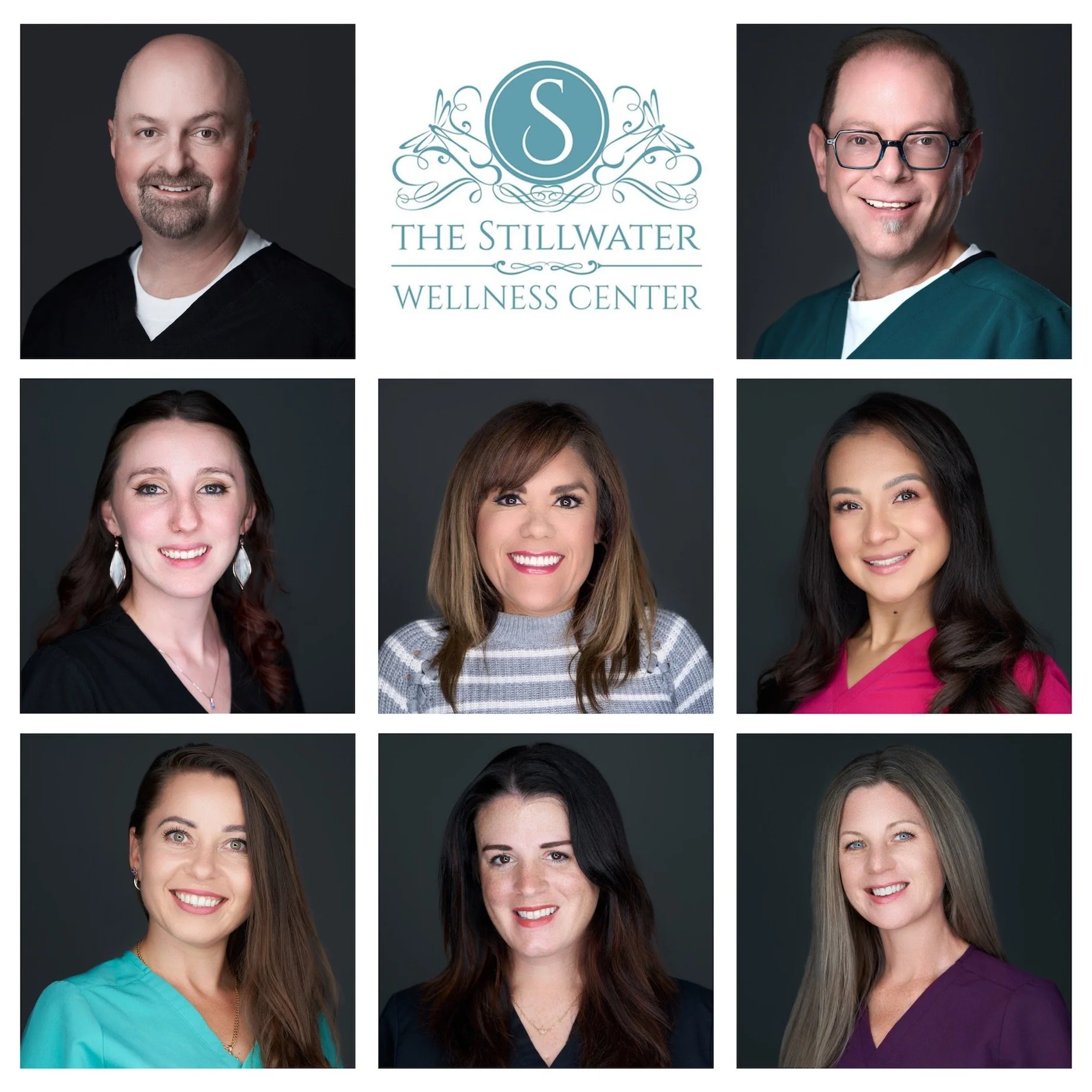 Denver business headshot collage showing eight team members with consistent studio lighting and professional expressions