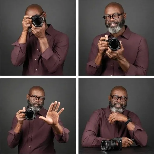 A man with glasses and a beard poses with a camera in four photos, smiling and gesturing—great for a Headshot photographer Denver.