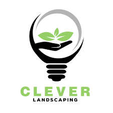 Logo of Clever Landscaping featuring a black hand holding a glass light bulb with green leaves inside, and the company name in green and black text.
