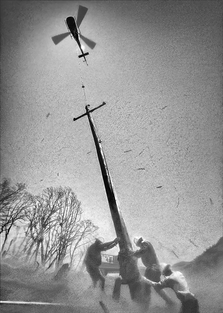 PG&E power pole installation crew - Sierra firestorm 1993 - Placerville, California - client: Pacific Gas & Electric