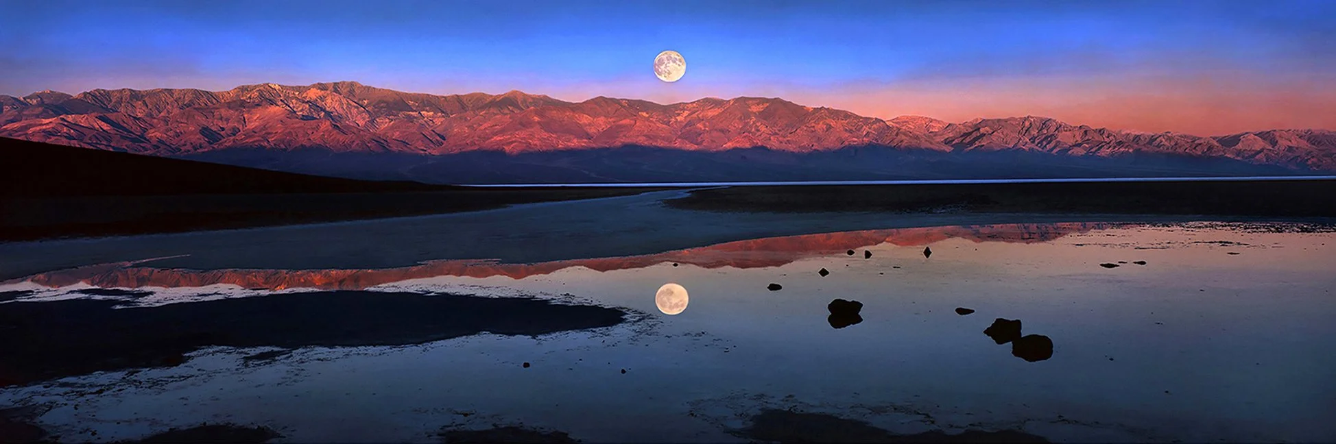 Badwater - full moon setting at sunrise  -  Death Valley, California  1993 -  Fuji GS6X17