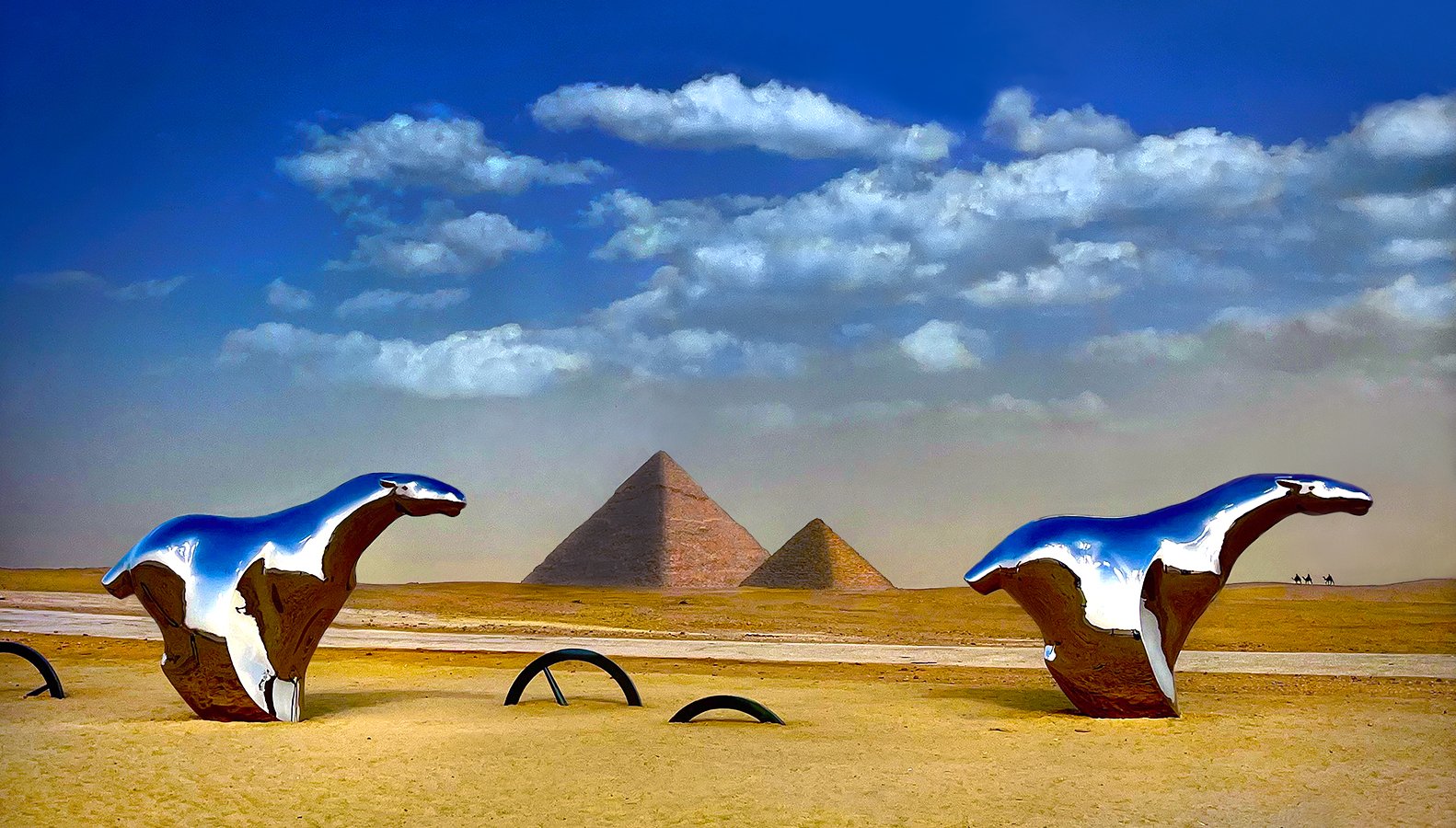 Stainless steel horses & wheels art exhibit at Pyramids - tribute to the chariots  -  Giza, Egypt 2024