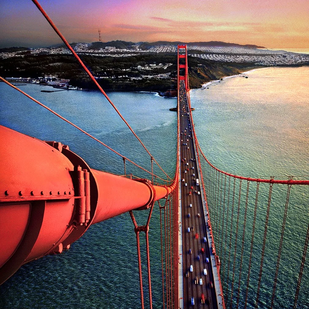 Golden Gate Bridge - from atop North Tower - sunset December 1993 - Hasselblad 500cm - client: Pacific Gas & Electric