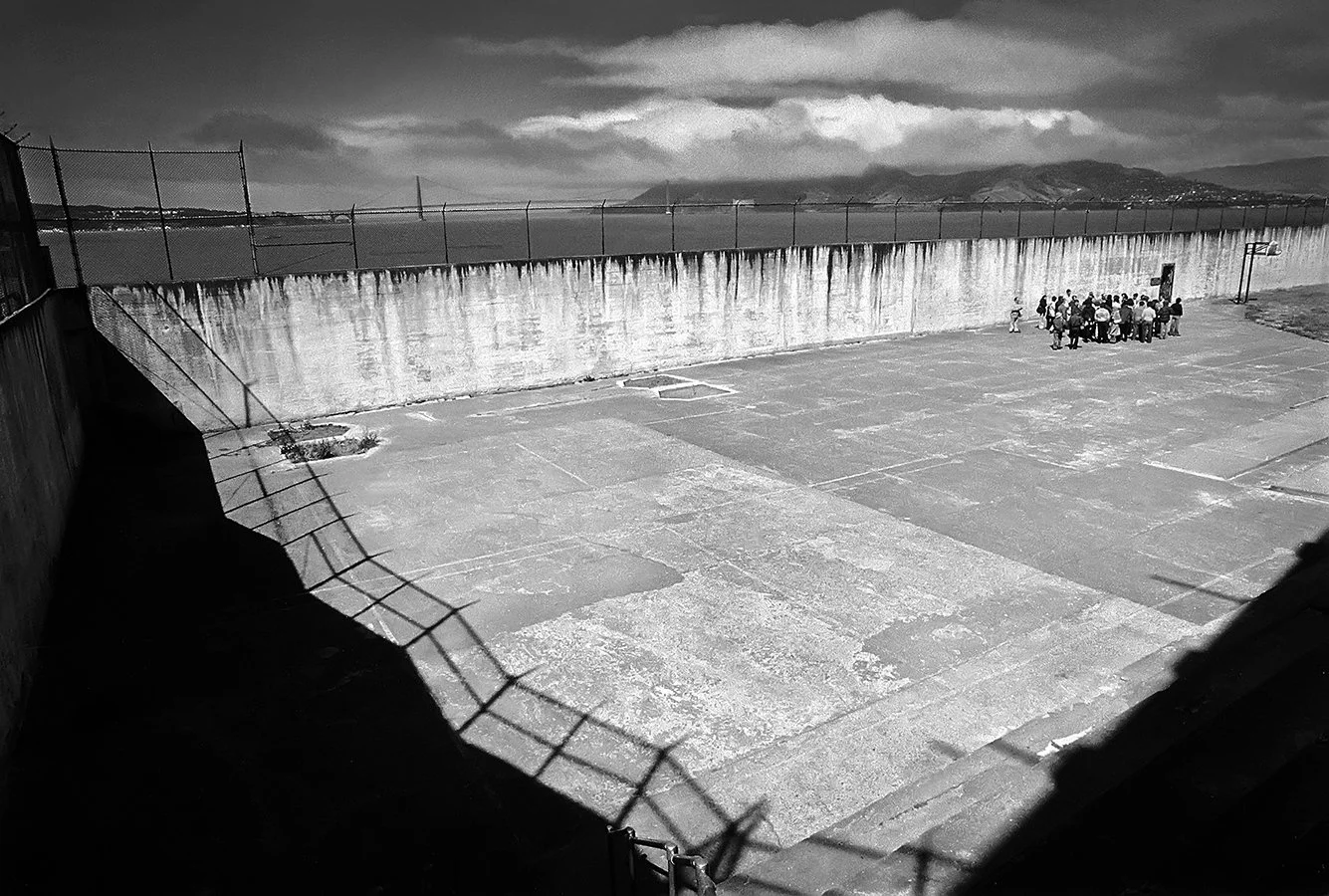 Guided group tour in the "Yard" - Alcatraz Prison - San Francisco Bay, California 1975