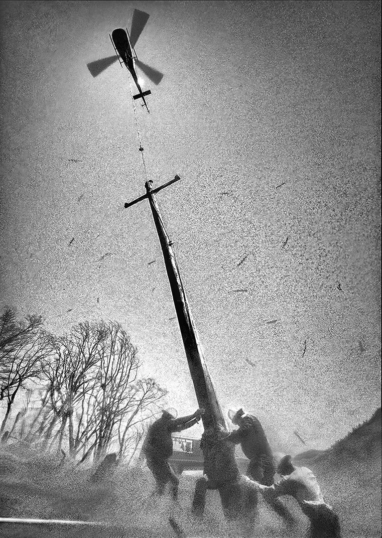 PG&E power pole installation crew - Sierra firestorm 1993 - Placerville, California - client: Pacific Gas & Electric