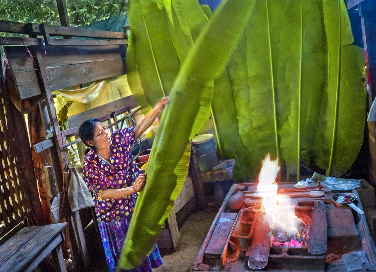 Drying banana leaves - chocolate making process - Puerto Viejo, Costa Rica 2007