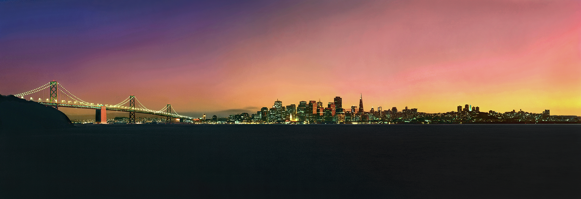 San Francisco skyline & Oakland Bay Bridge at sunrise - Bridge Lighting project - 1993 - Fujifilm GS6x17 - client: Pacific Gas & Electric