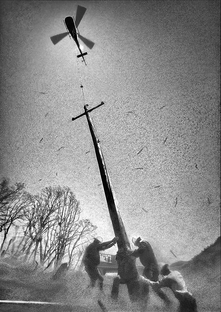 PG&E Power Pole crew replacing burned down power poles in Sierras from recent firestorm - Placerville, California 1992 - client: Pacific Gas & Electric