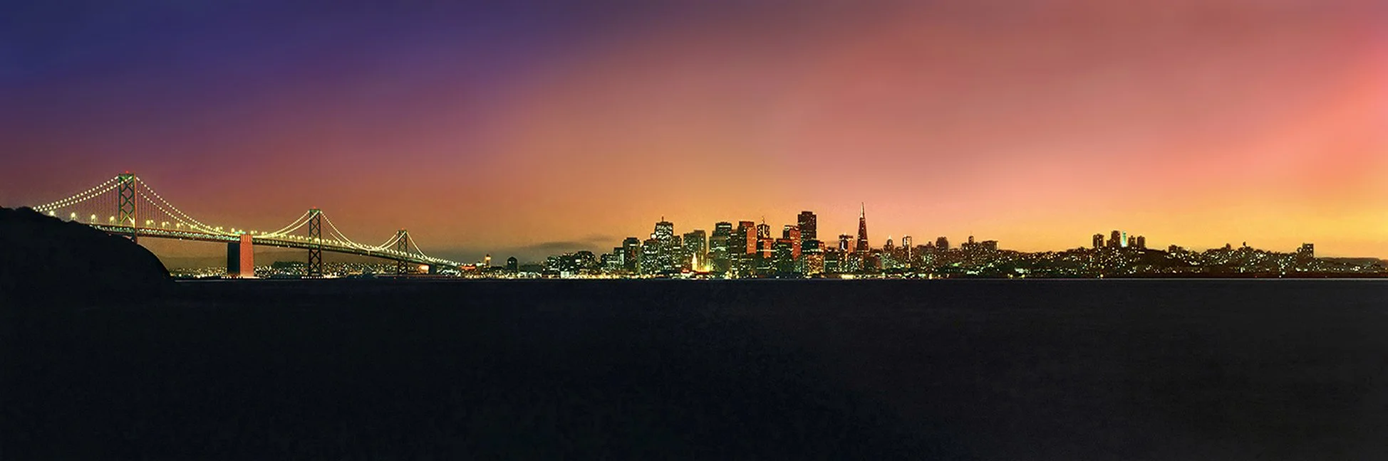 Oakland Bay Bridge & San Francisco at sunset - PG&E Bay Bridge Lighting Project 1993 - Fujifilm GS6x17 - client: Pacific Gas & Electric