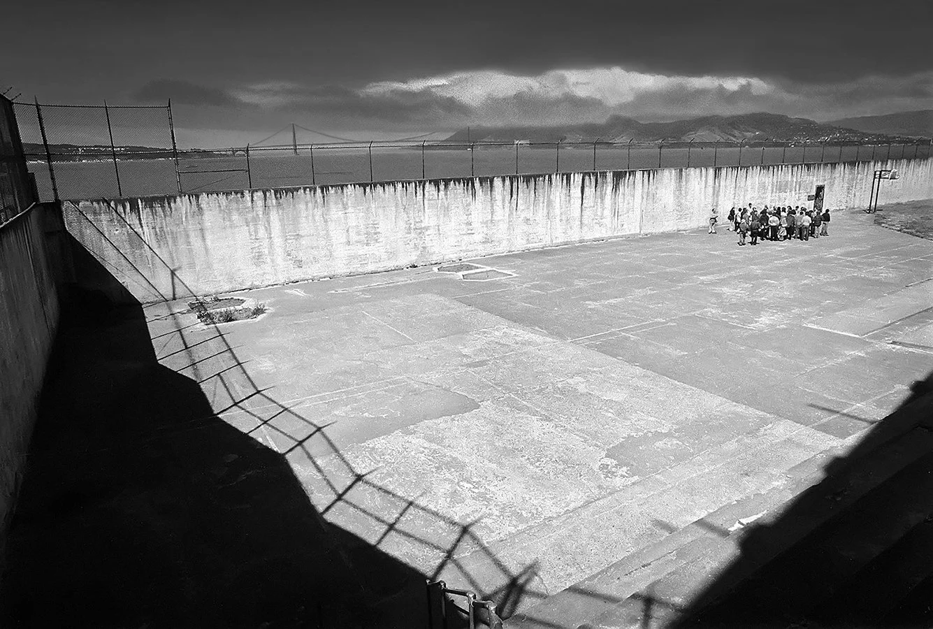 Guided group tour in the "Yard" - Alcatraz federal penitentiary - San Francisco Bay, California 1975