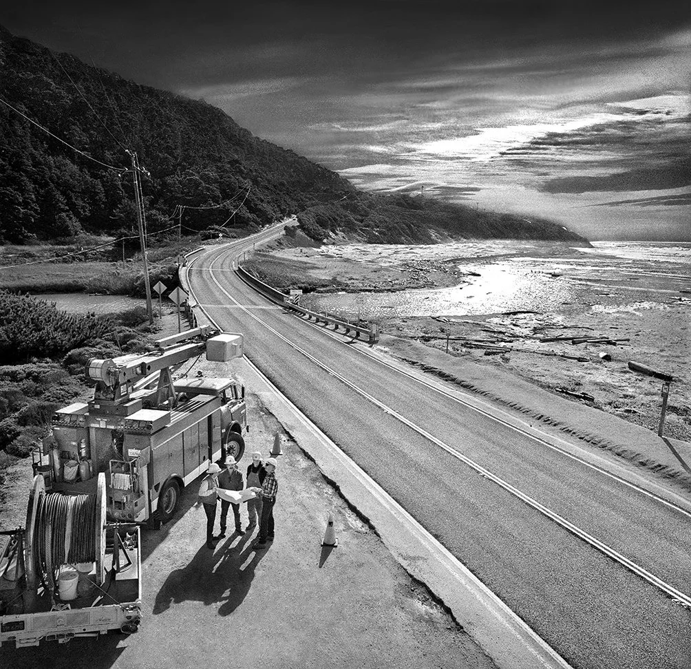 PG&E Power Line Crew - Hwy 1, Pacific coast  -  Pacifica, California 1993 - Hasselblad 500cm  -  client: Pacific Gas & Electric