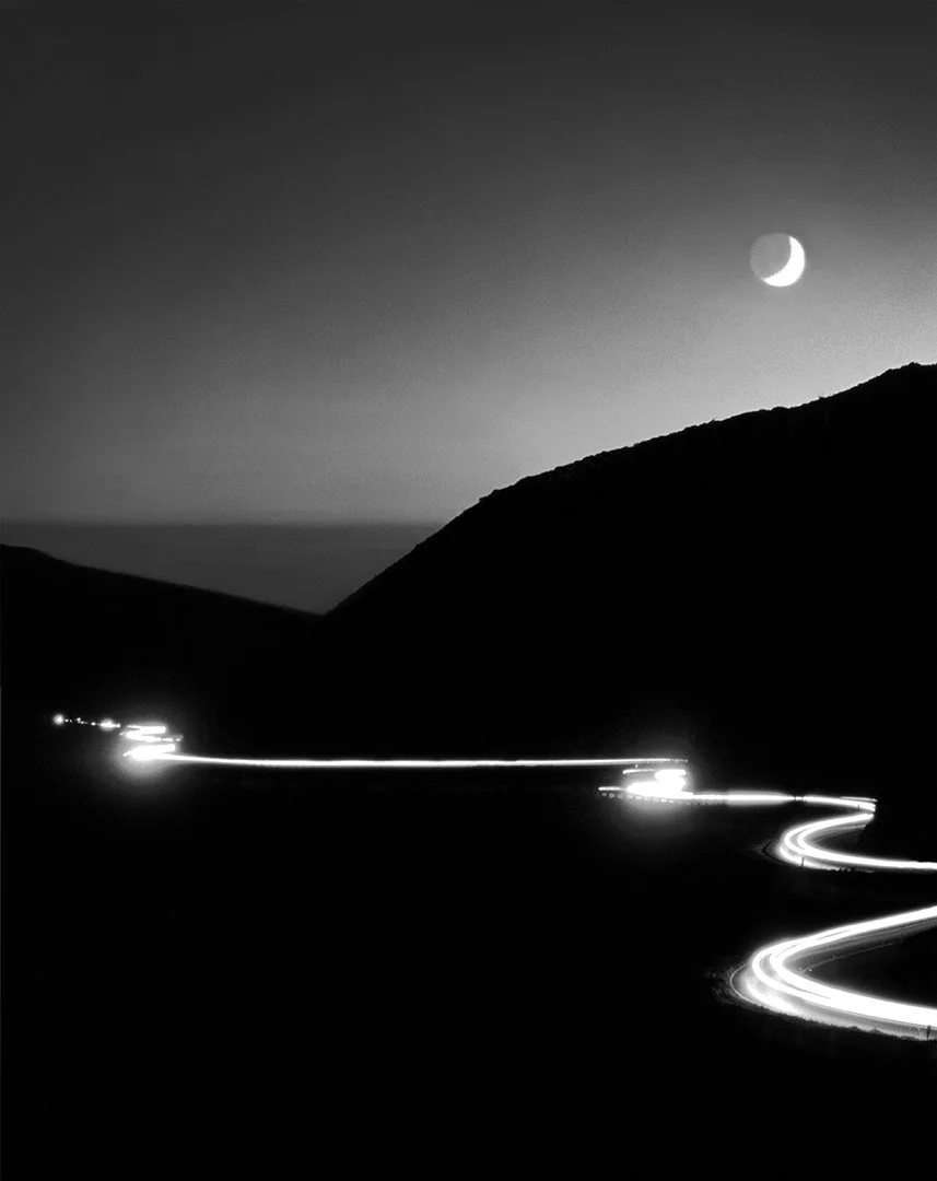 Hwy 1 to Muir Beach at sunset with moon setting -  Muir Beach, California 1993 - client: Pacific Gas & Electric