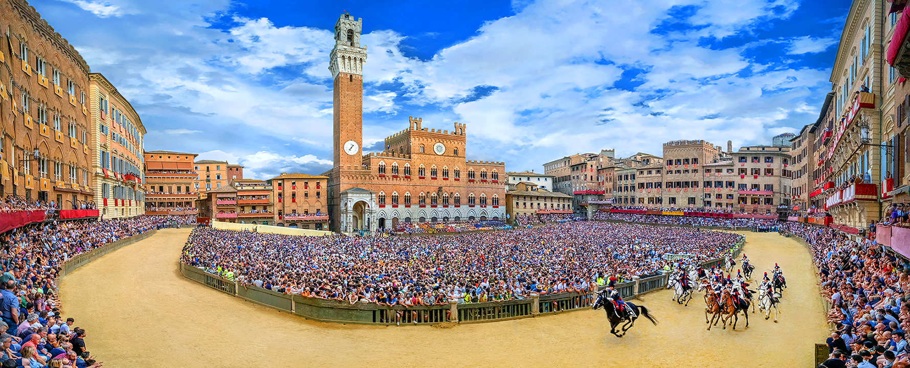 Running of the Palio di Provenzano Horse race - Carabinieri Policia ceremonial charge with sabers drawn before start of the race - Siena, Italy 2024