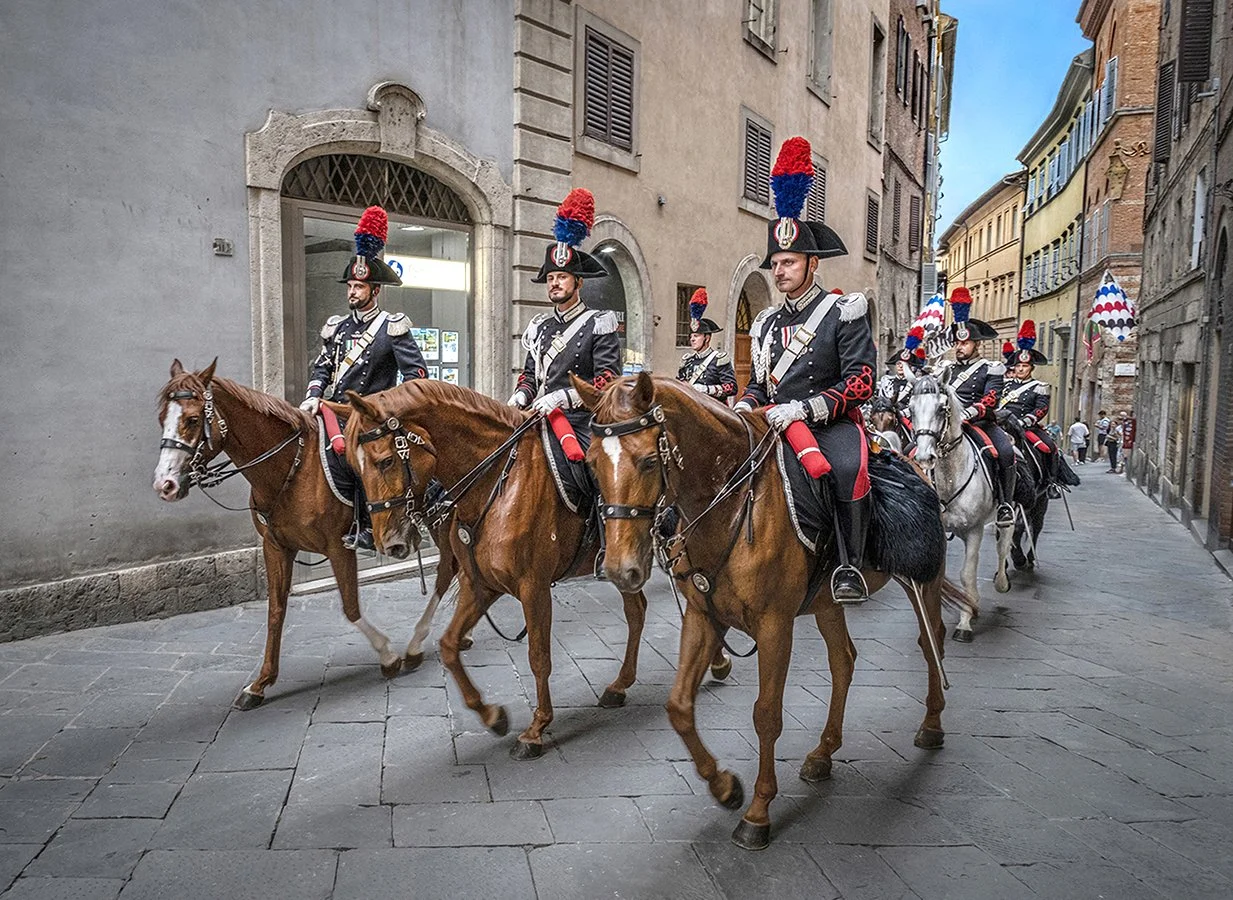 Mounted Carabinieri Policia on streets of Siena, Italy 2024